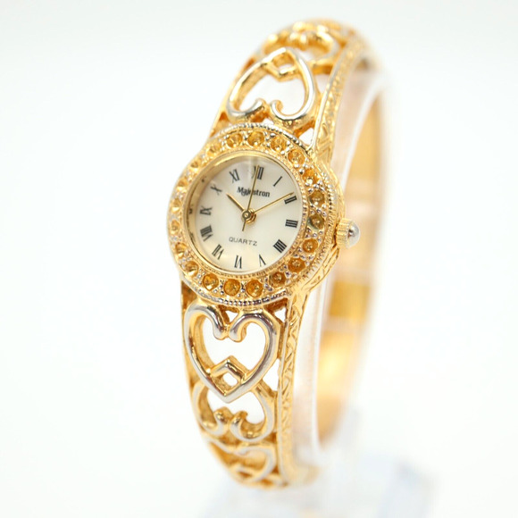 Majestron Womens Gold Tone Watch 22mm MOP Dial Metal Cuff Bracelet New Battery - Picture 1 of 16